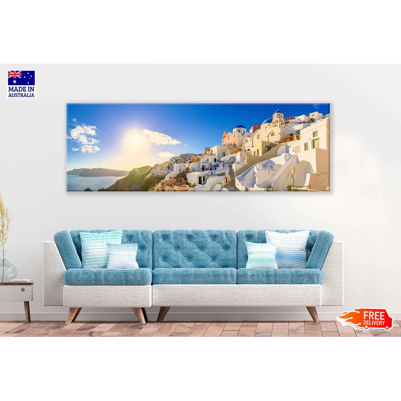 Panoramic Canvas Oia City Houses & Blue Sky Photograph High Quality 100% Australian Made Wall Canvas Print Ready to Hang