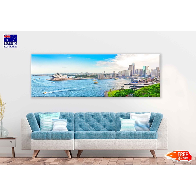 Panoramic Canvas Sydney Harbour View With Boats High Quality 100% Australian Made Wall Canvas Print Ready to Hang