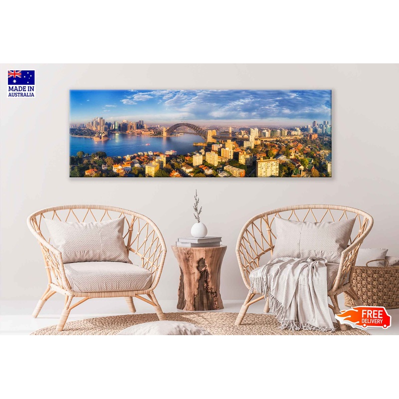 Panoramic Canvas Sydney Harbour View With Sky High Quality 100% Australian Made Wall Canvas Print Ready to Hang