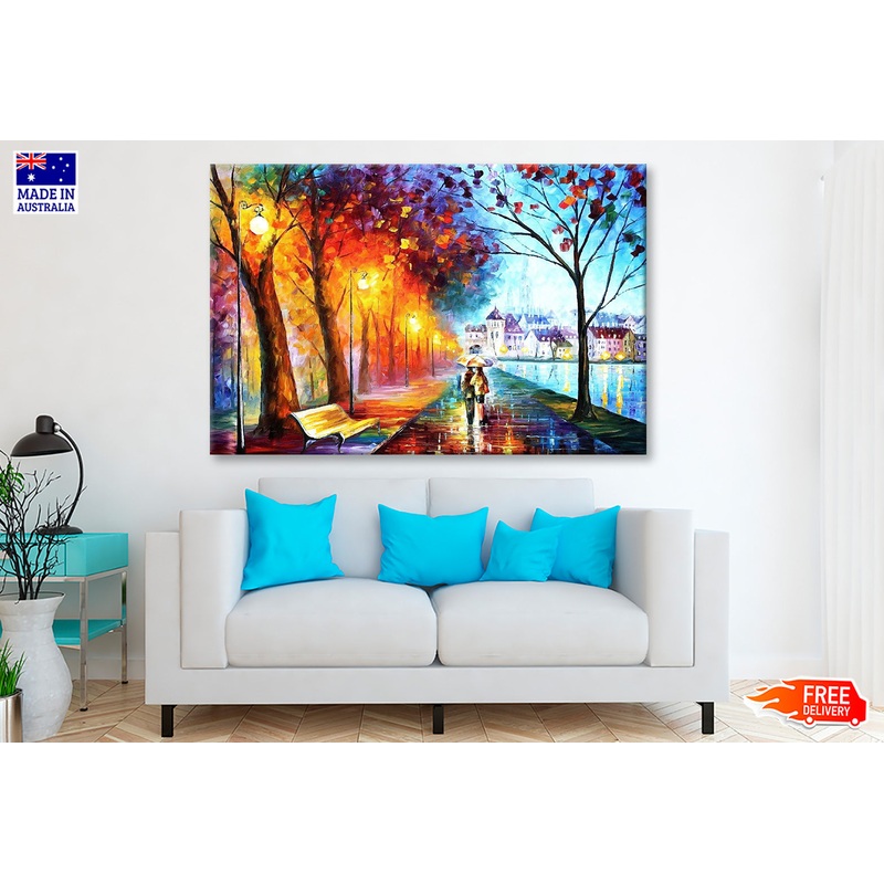 Afremov City Couple near River Trees Park Painting Wall Art Limited Edition High Quality Print