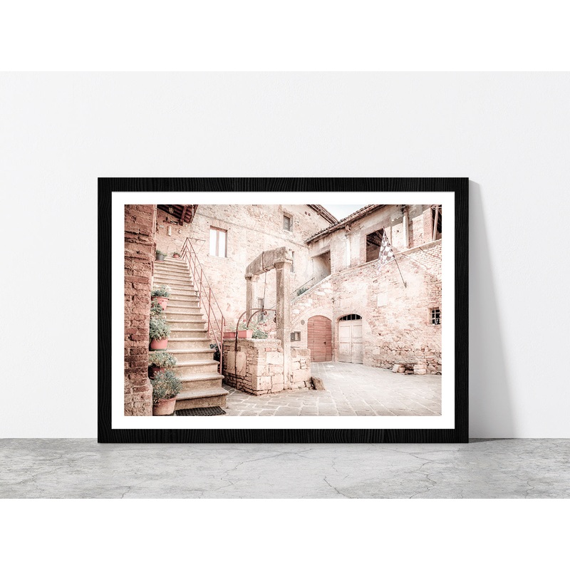 Antique Well San Quirico D'orcia Town Faded View Glass Framed Wall Art, Ready to Hang Quality Print