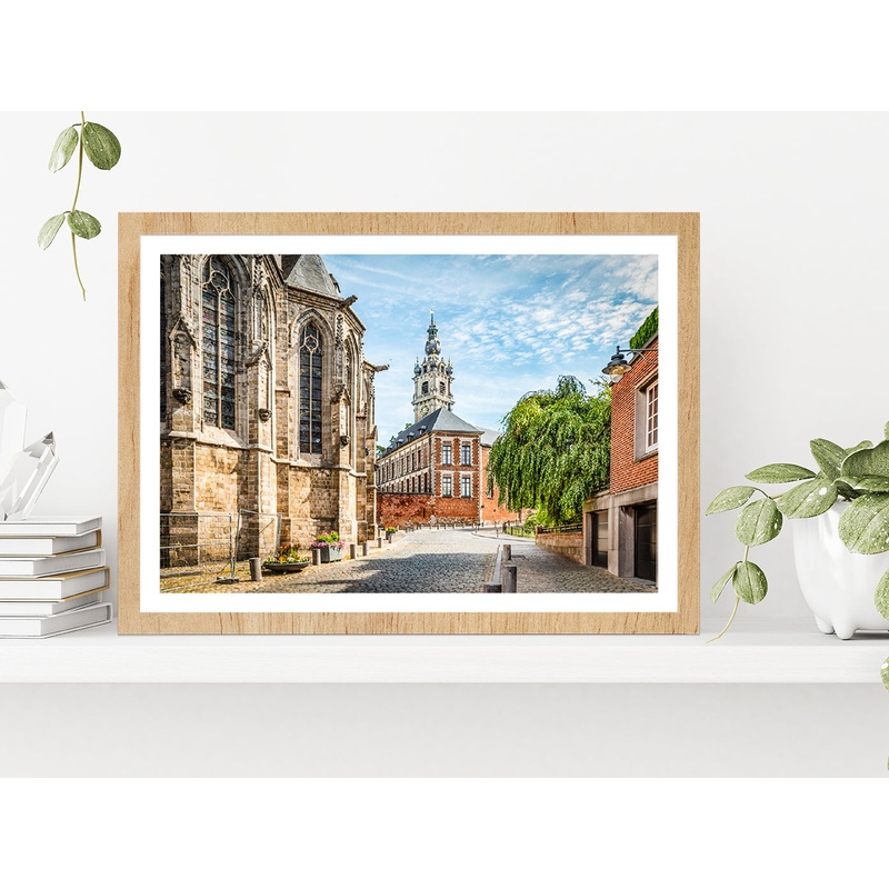 Belfry Tower With Church Belgium Glass Framed Wall Art, Ready to Hang Quality Print