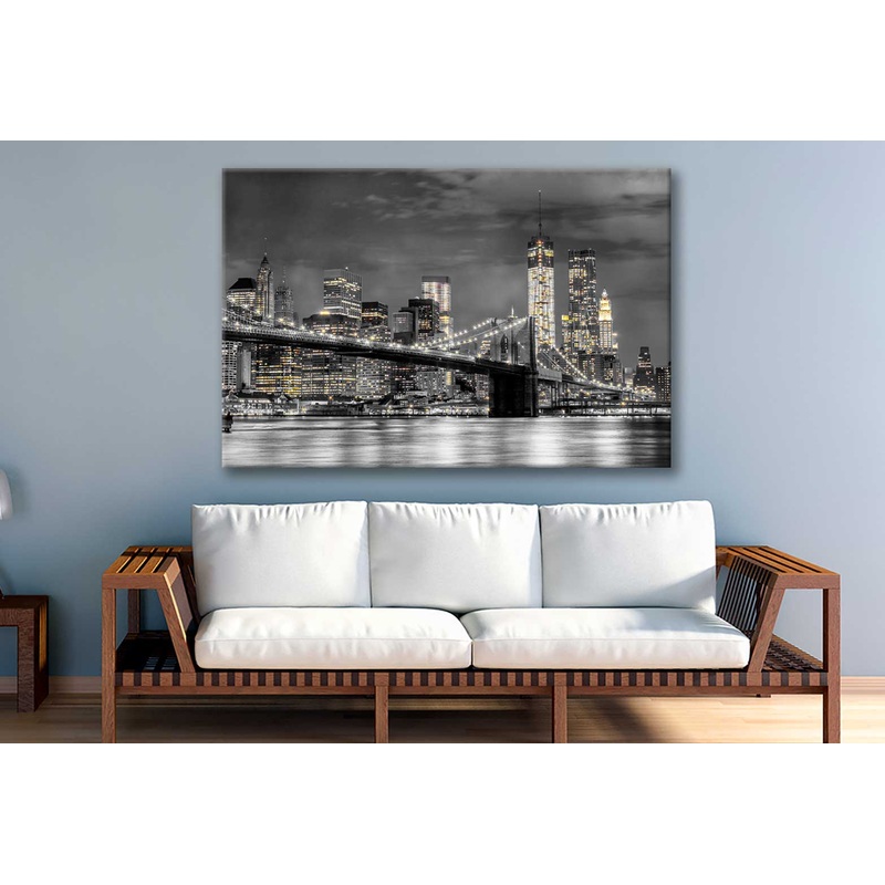Bella Home B&W Night City View With Bridge Print Canvas Ready to hang