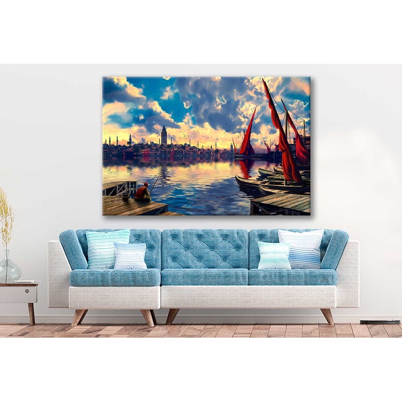 Bella Home City with Fish Boats Watercolor Print Canvas Ready to hang