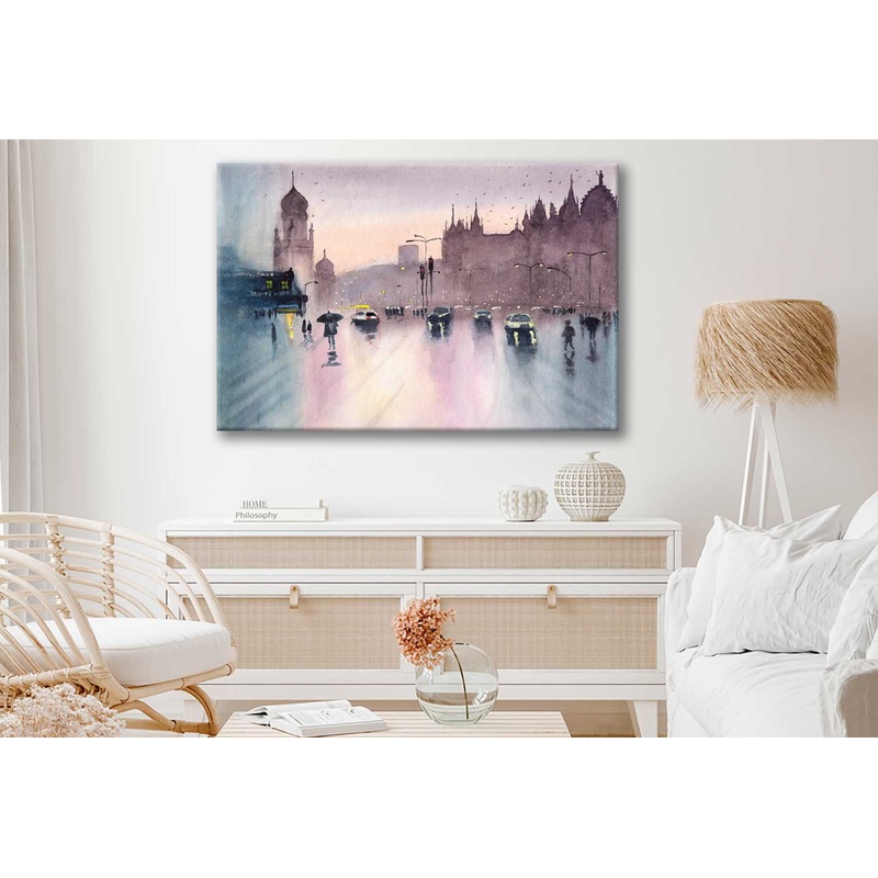 Bella Home Rainy Cityscape Painting Mumbai Print Canvas Ready to hang