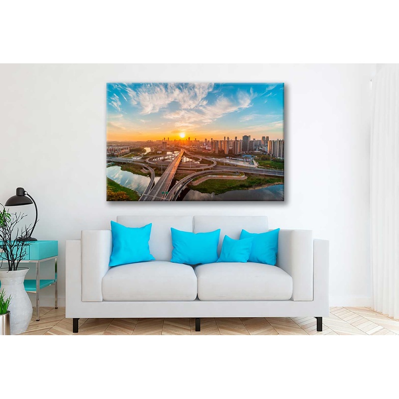 Bella Home Sunrise & Flyover of Urban Overpass Print Canvas Ready to hang