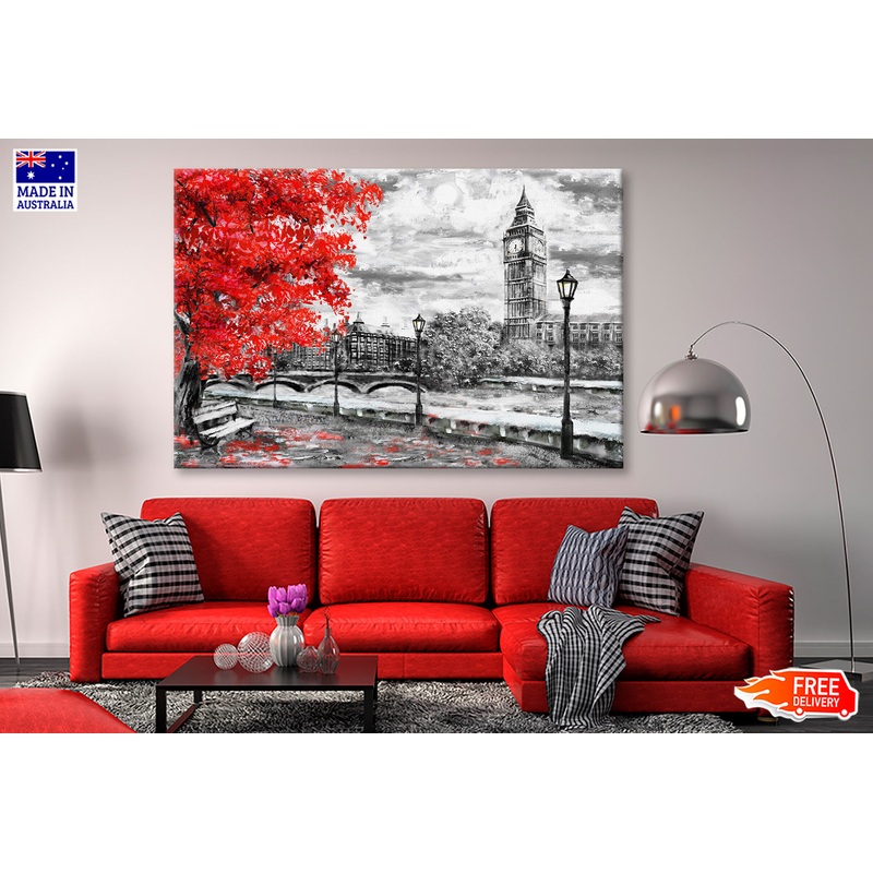 Big Ben Bridge & River with Red Tree Oil Painting Wall Art Limited Edition High Quality Print