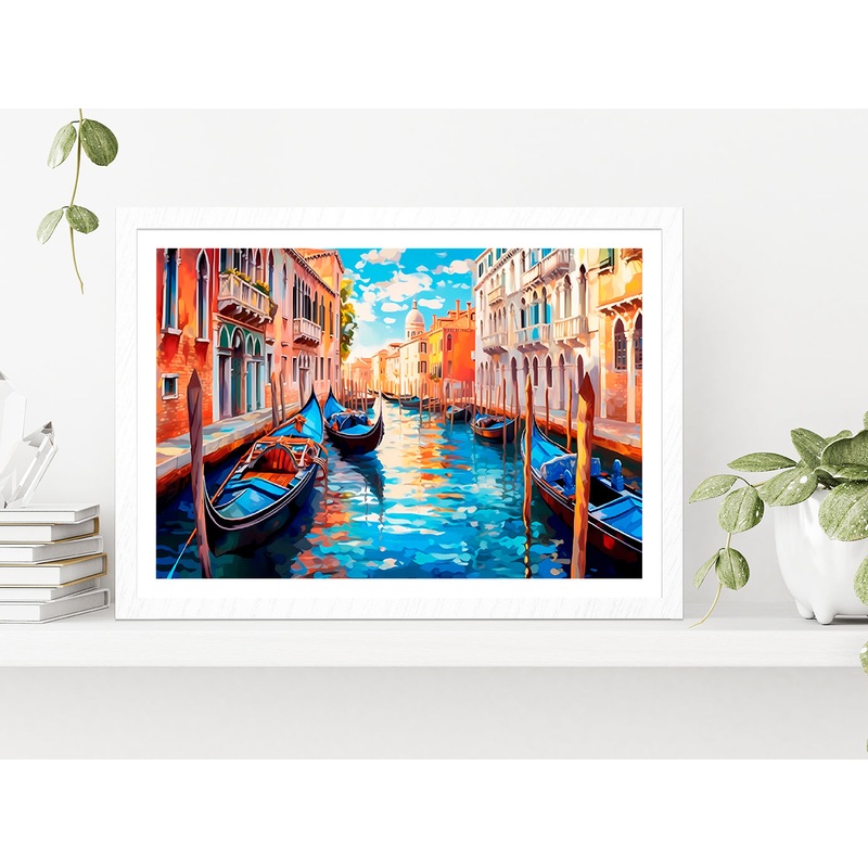 Boats With City Of Venice Painting Glass Framed Wall Art, Ready to Hang Quality Print