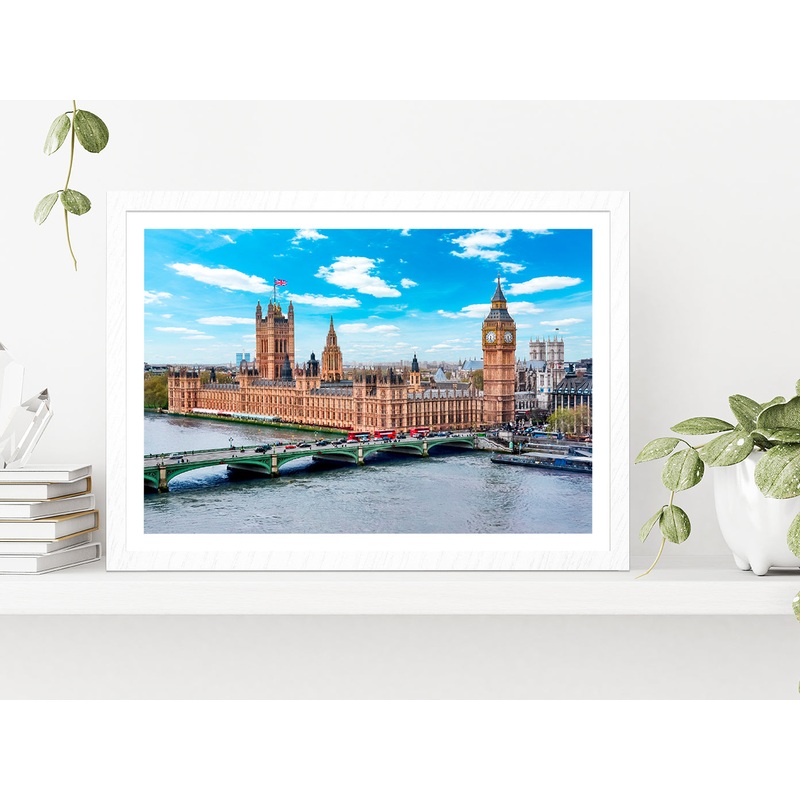 London Cityscape & Big Ben Tower Glass Framed Wall Art, Ready to Hang Quality Print