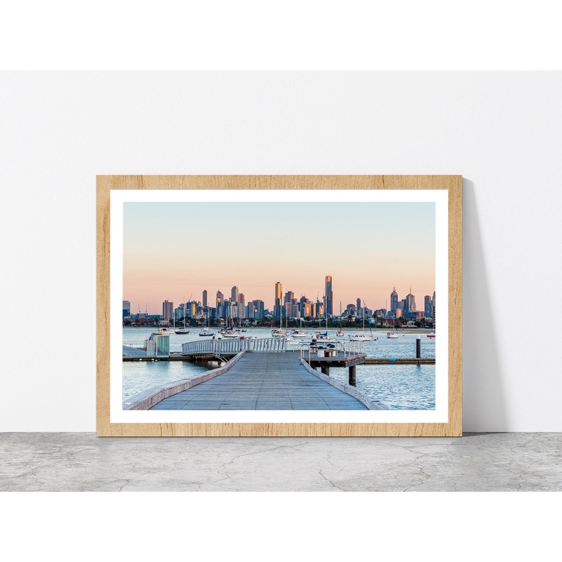 Melbourne City Skyline Sunrise Glass Framed Wall Art, Ready to Hang Quality Print