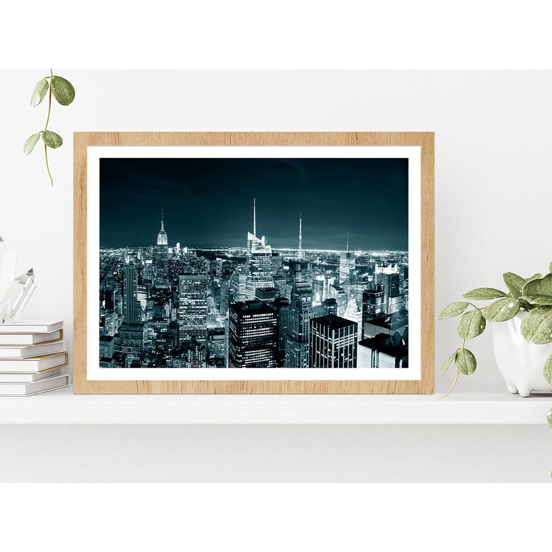 New York City Manhattan Skyline At Night Glass Framed Wall Art, Ready to Hang Quality Print