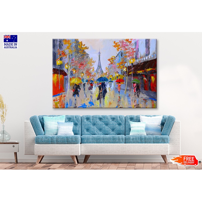 Oil Painting of People in Eiffel Tower Street France Wall Art Limited Edition High Quality Print