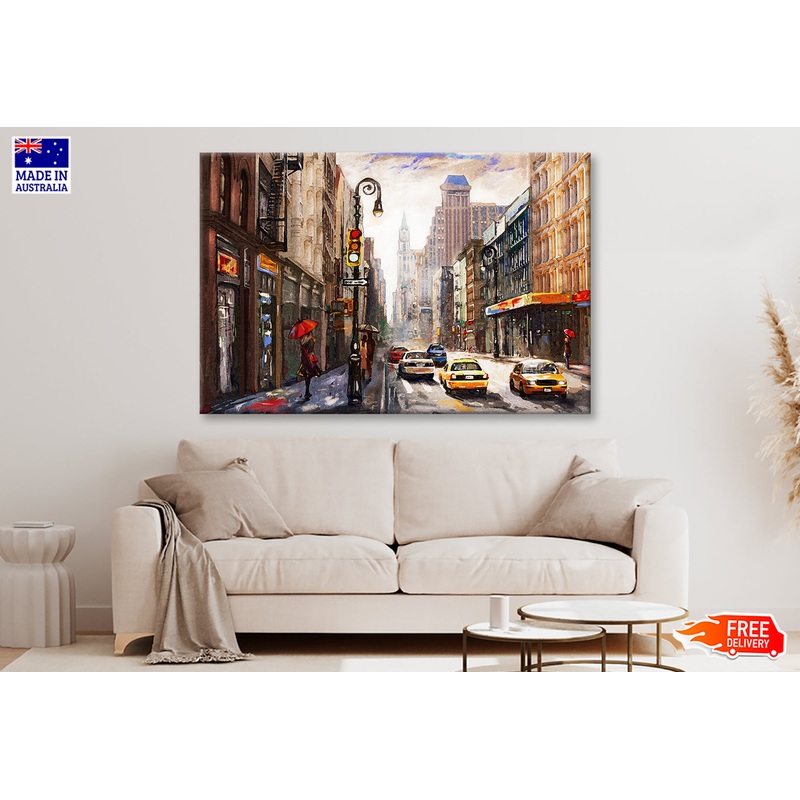 People on New York Street & Yellow Taxi Watercolor Painting Wall Art Limited Edition High Quality Print