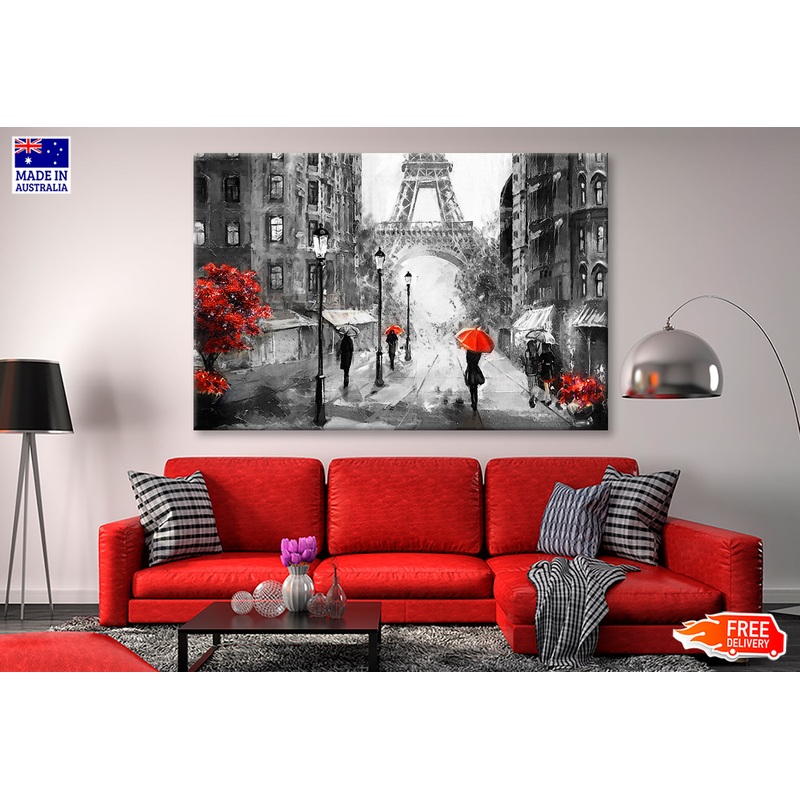 People Under Red Umbrella & Tree near Eiffel Tower B&W Painting Wall Art Limited Edition High Quality Print