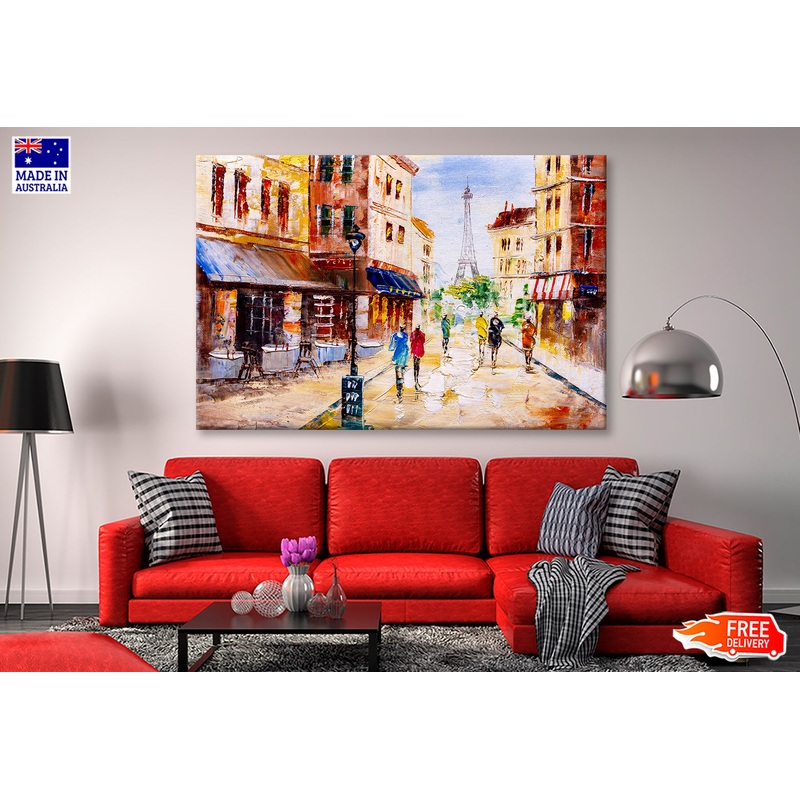 People Walking in Street & Eiffel Tower Oil Painting Wall Art Limited Edition High Quality Print