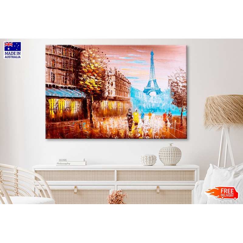People Walking in Street of Paris & Trees Oil Painting Wall Art Limited Edition High Quality Print