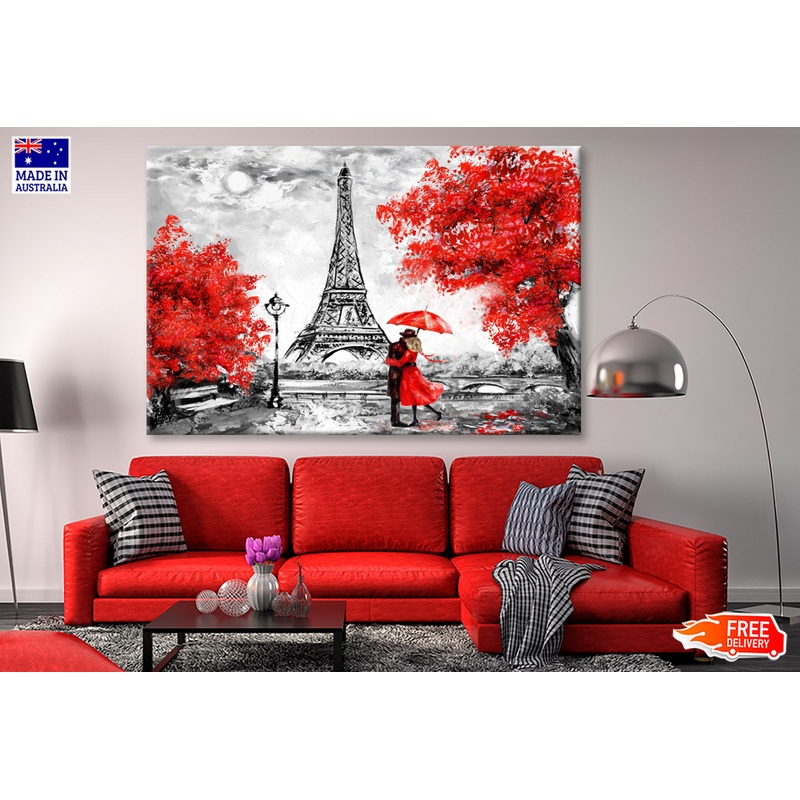 Red Couple & Trees near Eiffle Tower Watercolor Painting Wall Art Limited Edition High Quality Print