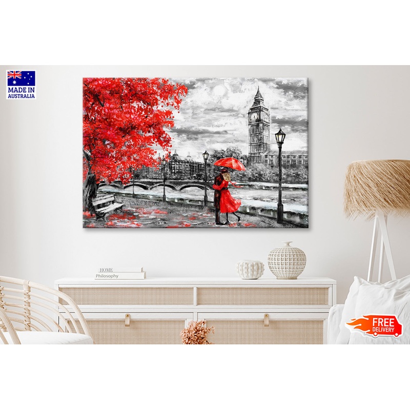 Red Tree & Couple near Big Ben Bridge & River Painting Wall Art Limited Edition High Quality Print