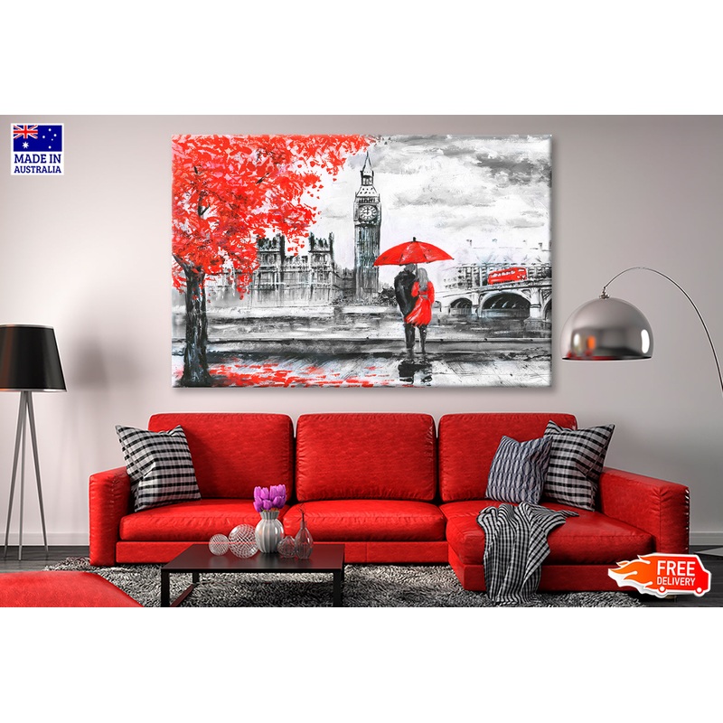 River & Bus On Bridge, Man & Woman Under A Red Umbrella, Street View Of London Oil Painting Wall Art Limited Edition High Quality Print