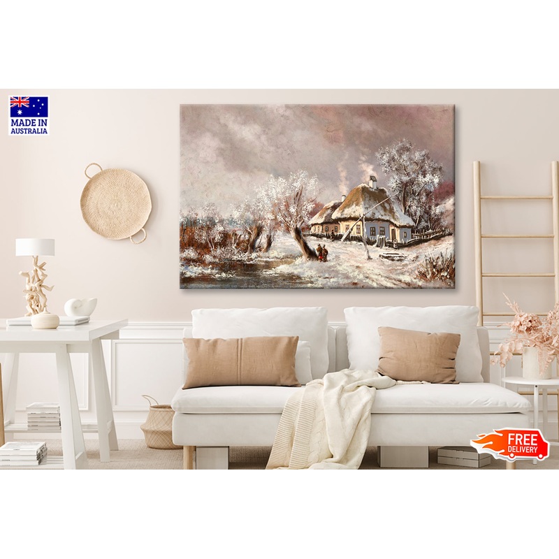 Rural Landscape Old Village, Old House In Winter Oil Painting Wall Art Limited Edition High Quality Print