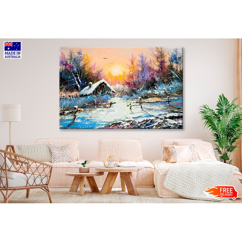 Rural Winter & Sunrise Landscape Painting Wall Art Limited Edition High Quality Print