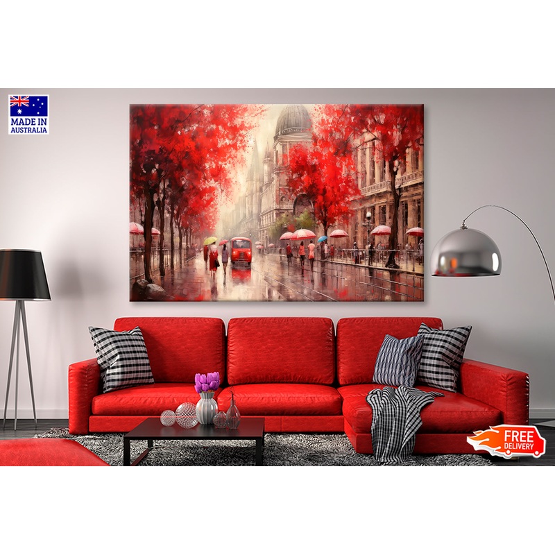 Street View Of Budapest, People Under A Red Umbrella & Tree, Night & Moon Oil Painting Wall Art Limited Edition High Quality Print