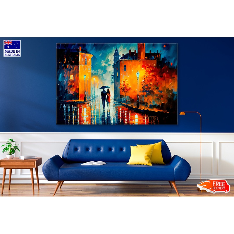 Street View Of Cityscape With Couple Oil Painting Wall Art Limited Edition High Quality Print