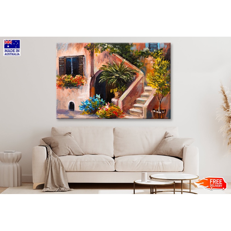 Summer Terrace, Flowers In A Garden, House In Greece  Oil Painting Wall Art Limited Edition High Quality Print