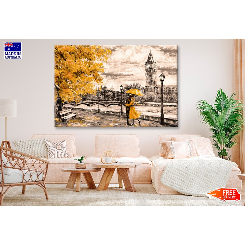 Yellow Tree & Couple near Big Ben Bridge & River Painting Wall Art Limited Edition High Quality Print