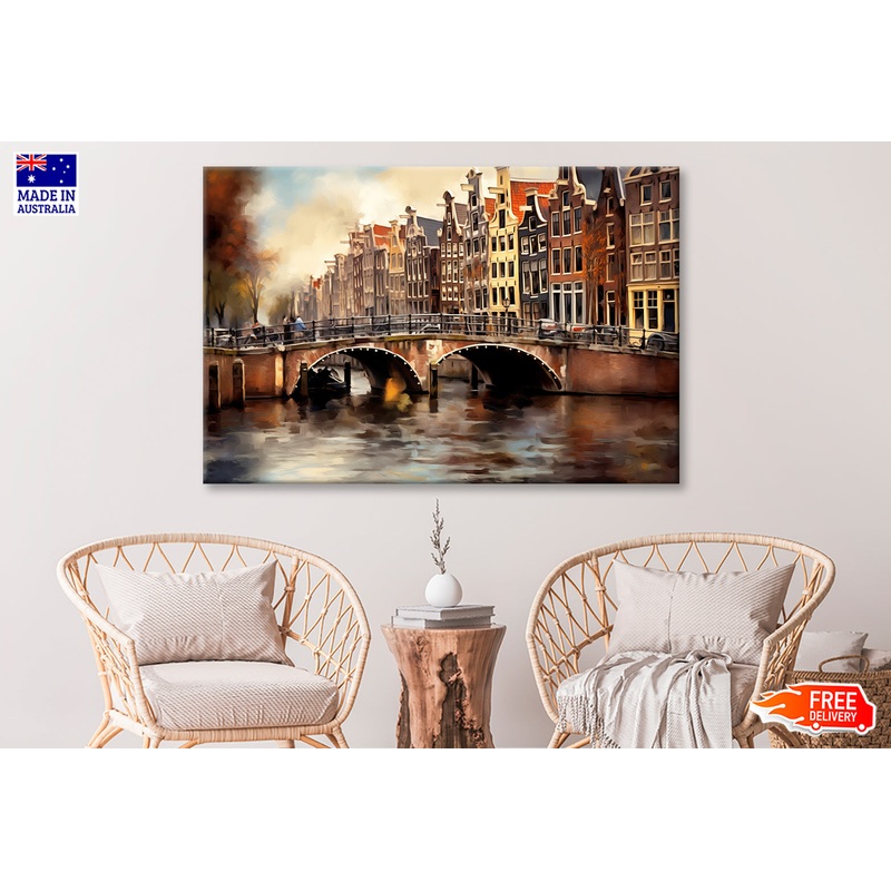 Amsterdam Houses & Bridge Oil Painting Wall Art Limited Edition High Quality Print