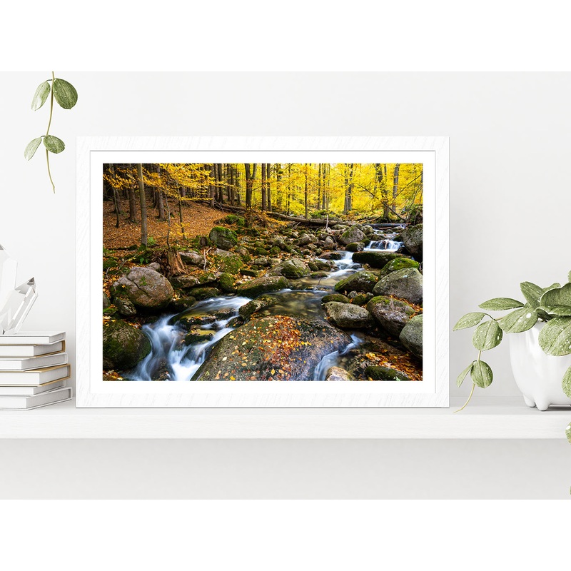 Autumn Forest With Rocky River Glass Framed Wall Art, Ready to Hang Quality Print