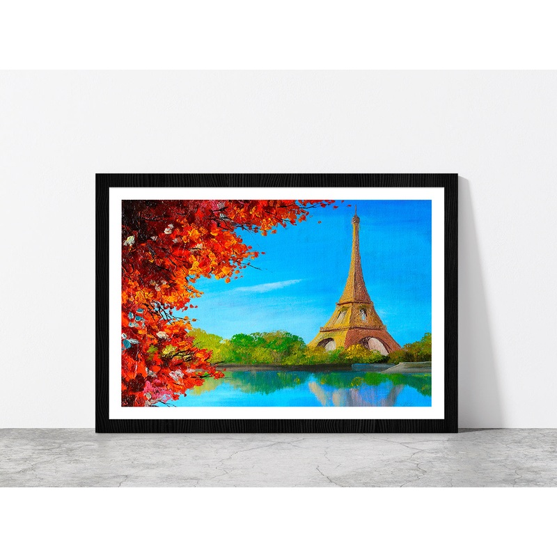 Lake Near The Eiffel Tower Oil Painting Glass Framed Wall Art, Ready to Hang Quality Print