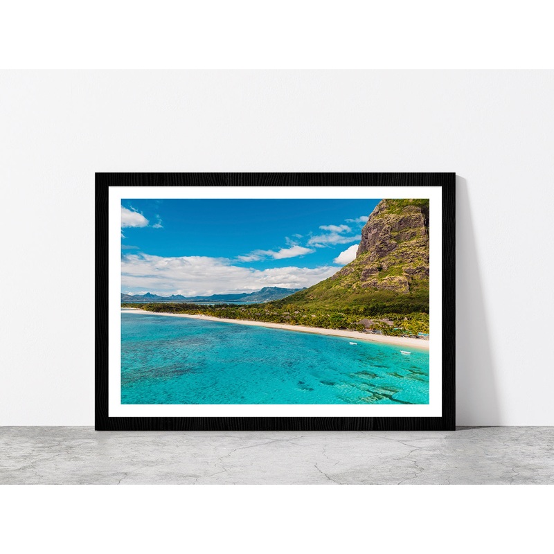 Le Morne Mountain In Island Beach Glass Framed Wall Art, Ready to Hang Quality Print