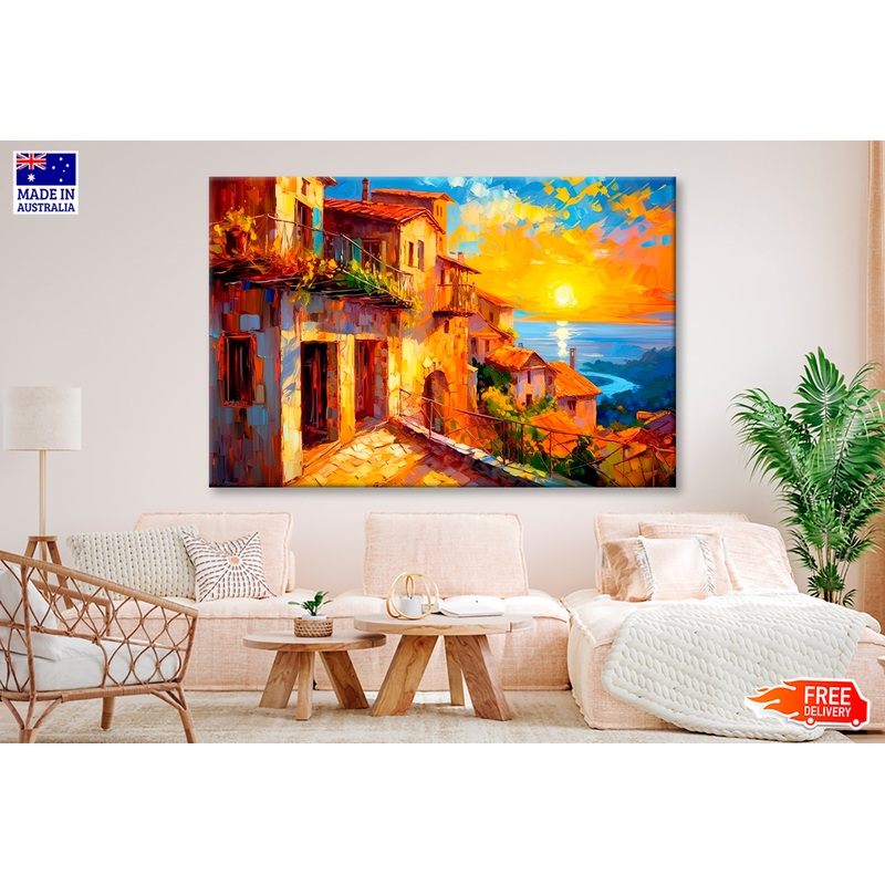 Mediterranean Coastal Town Oil Painting Wall Art Limited Edition High Quality Print