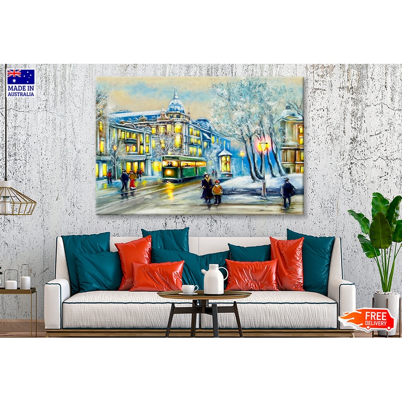 Old City & Tram Winter Oil Painting Wall Art Limited Edition High Quality Print