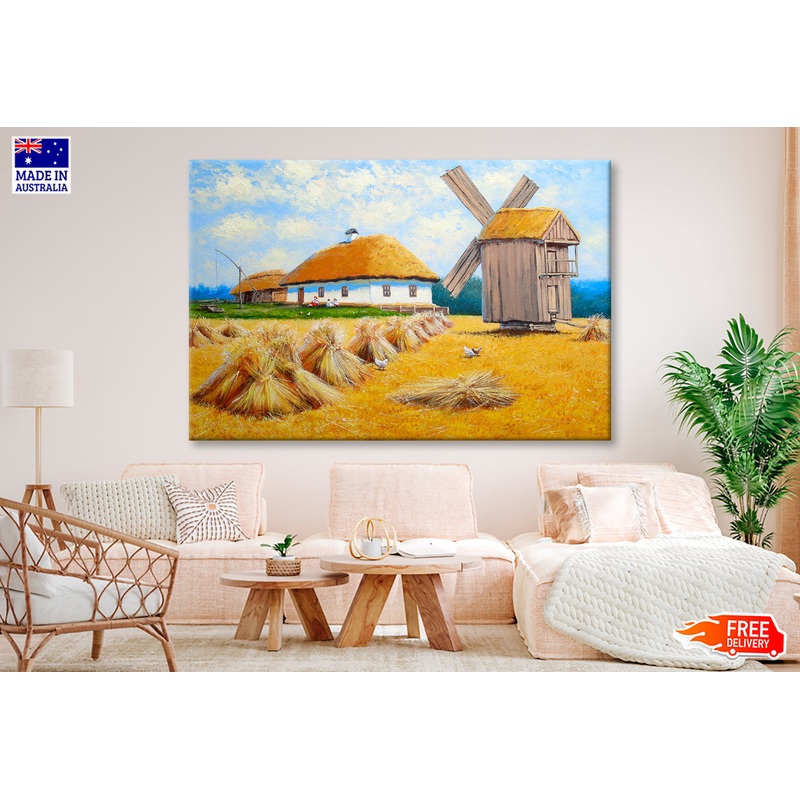 Old Village, Field, Windmill Oil Painting Wall Art Limited Edition High Quality Print