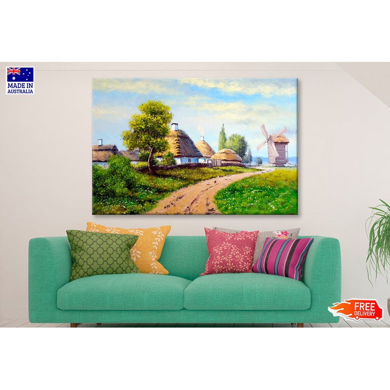 Old Village, Hut, Road, Windmill Oil Painting Wall Art Limited Edition High Quality Print