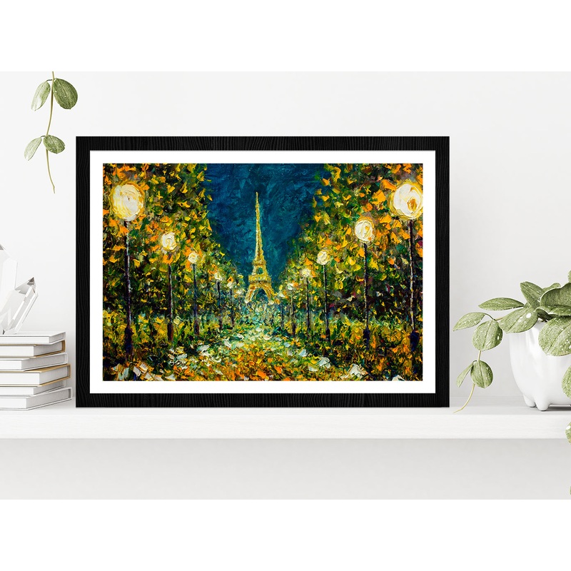 Paris European Night City Landscape & Eiffel Tower Glass Framed Wall Art, Ready to Hang Quality Print