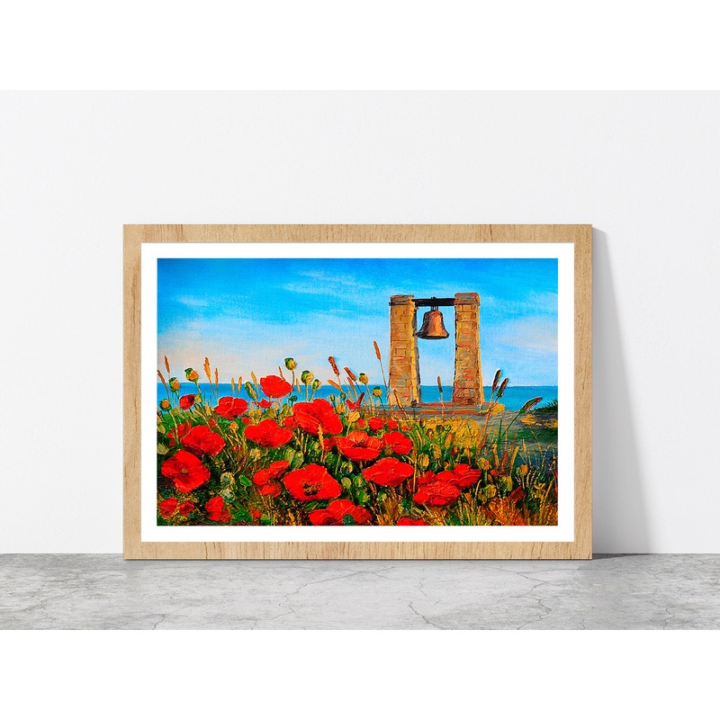 Poppies Near The Sea & Bell At Sunset Painting Glass Framed Wall Art, Ready to Hang Quality Print