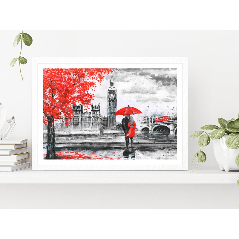 River & Bus On Bridge, Man & Woman Under A Red Umbrella, Street View Of London Glass Framed Wall Art, Ready to Hang Quality Print