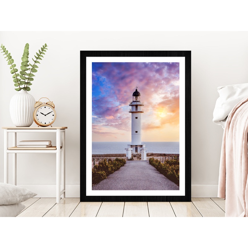 Road Leading To Lighthouse sunset Glass Framed Wall Art, Ready to Hang Quality Print