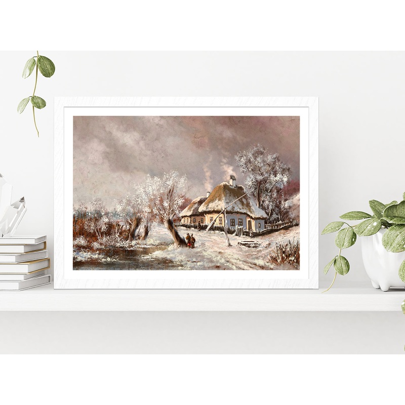 Rural Landscape Old Village, Old House In Winter Glass Framed Wall Art, Ready to Hang Quality Print
