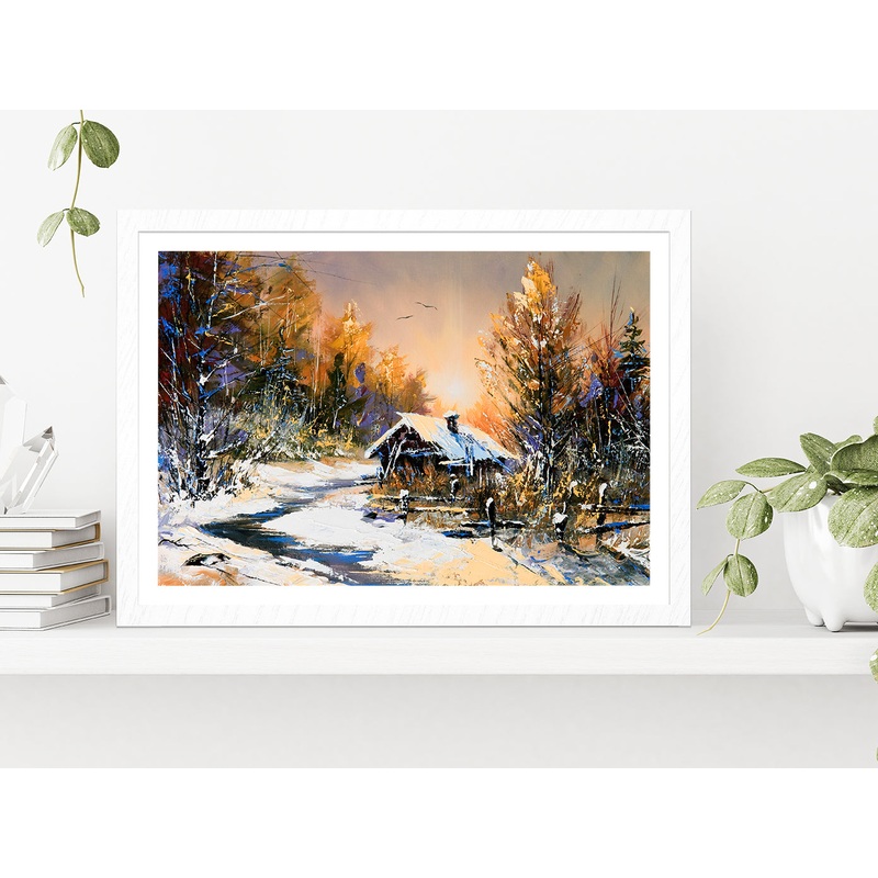 Rural Winter Landscape Autumn Painting Glass Framed Wall Art, Ready to Hang Quality Print