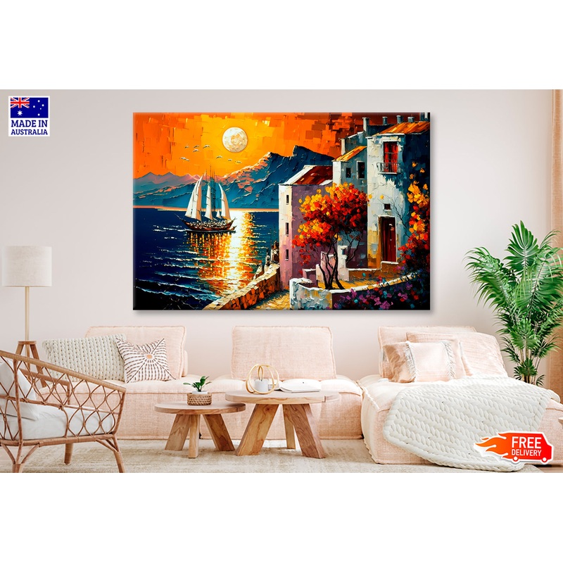 Seaside Cityscape With Ocean View Oil Painting Wall Art Limited Edition High Quality Print