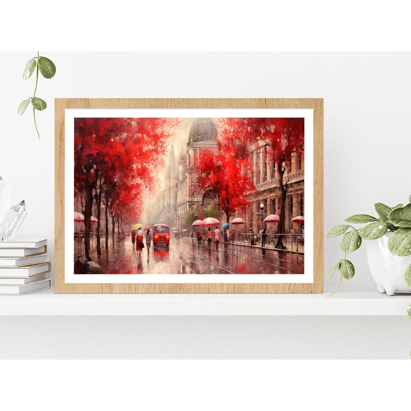 Street View Of Budapest, People Under A Red Umbrella & Tree, Night & Moon Glass Framed Wall Art, Ready to Hang Quality Print
