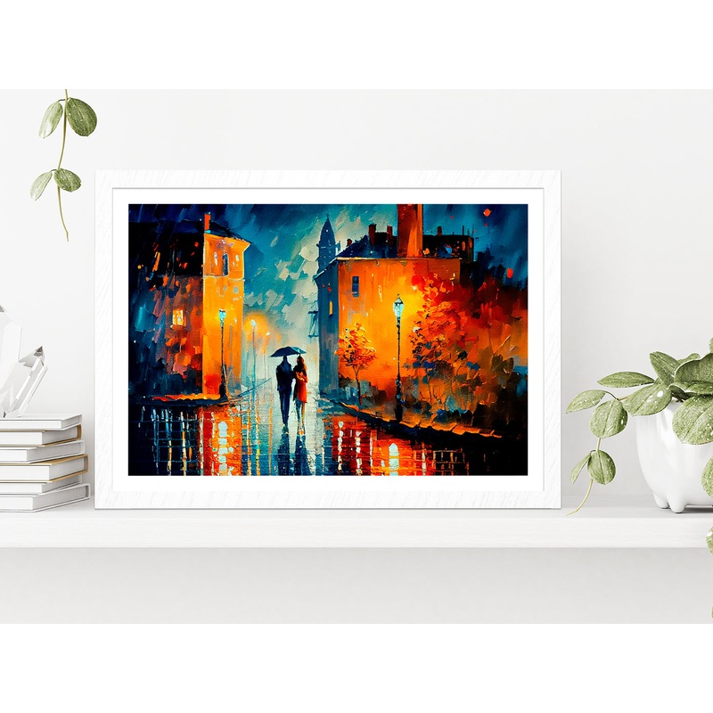 Street View Of Cityscape With Couple Glass Framed Wall Art, Ready to Hang Quality Print