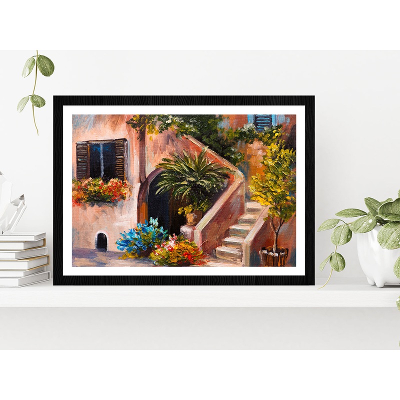 Summer Terrace, Flowers In A Garden, House In Greece  Glass Framed Wall Art, Ready to Hang Quality Print