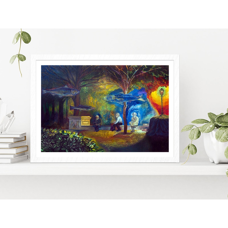Three Old Men Sitting On A Bench & Fishes Floating On The  Above Glass Framed Wall Art, Ready to Hang Quality Print