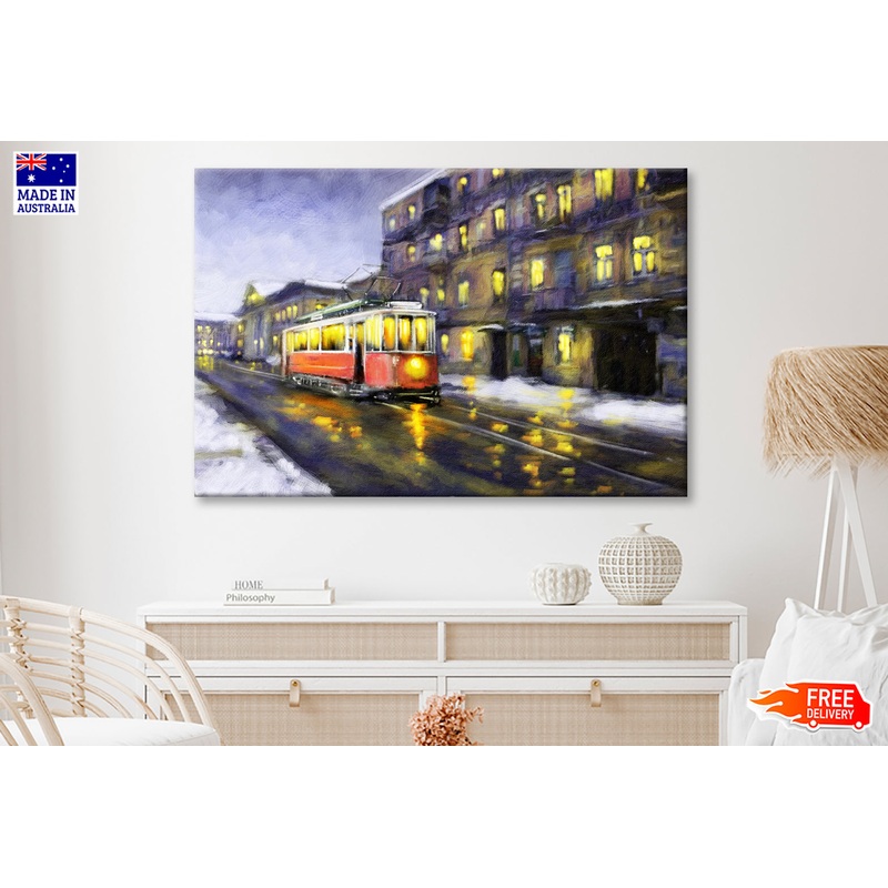 Tram in Old City Night Oil Painting Wall Art Limited Edition High Quality Print