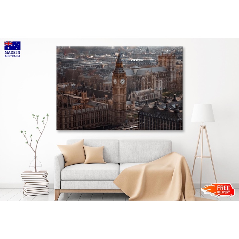 Aerial View Of Big Ben and London Cityscape, View from Above, Dramatic Sky Wall Art Decor 100% Australian Made